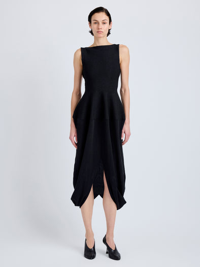 Proenza Schouler Front full length image of model wearing Sukki Dress in Draped Viscose in Black
