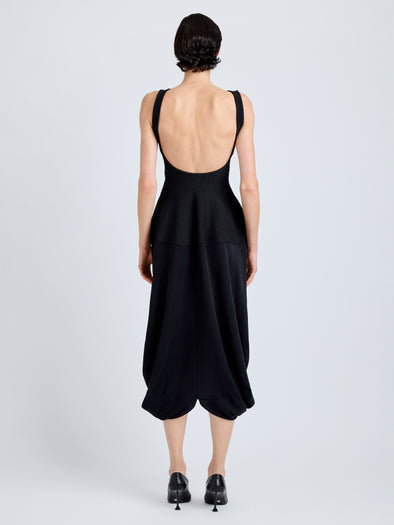 Proenza Schouler Back full length image of model wearing Sukki Dress in Draped Viscose in Black