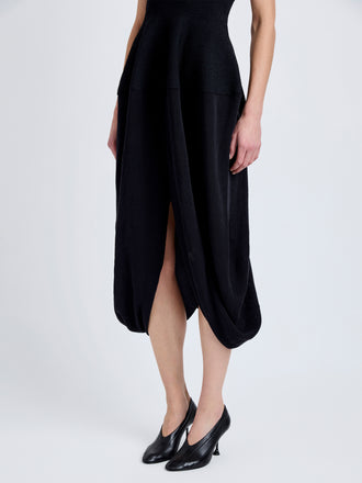 Proenza Schouler Detail image of model wearing Sukki Dress in Draped Viscose in Black
