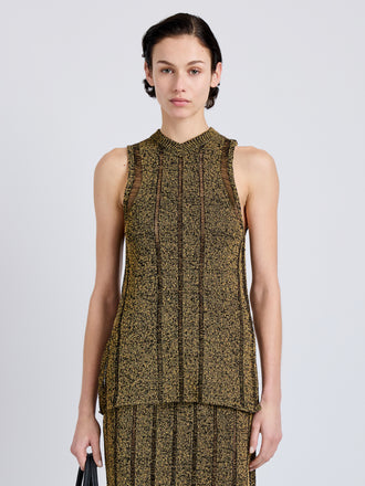 Proenza Schouler Front cropped image of model wearing Maelle Top in Drop Needle Tweed in Black Multi