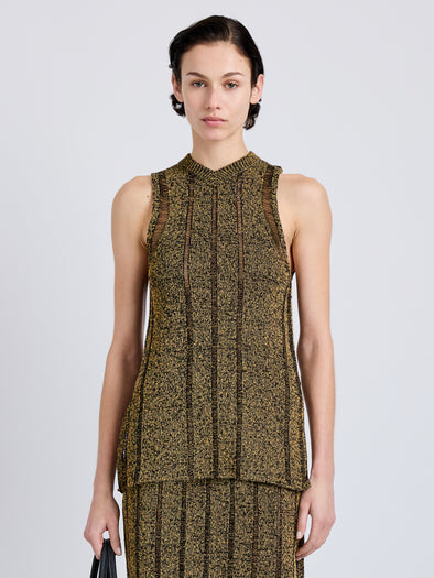 Proenza Schouler Front cropped image of model wearing Maelle Top in Drop Needle Tweed in Black Multi