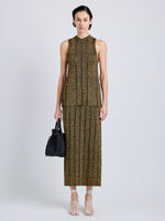 Proenza Schouler Front full length image of model wearing Maelle Top in Drop Needle Tweed in Black Multi