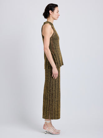 Proenza Schouler Side full length image of model wearing Maelle Top in Drop Needle Tweed in Black Multi