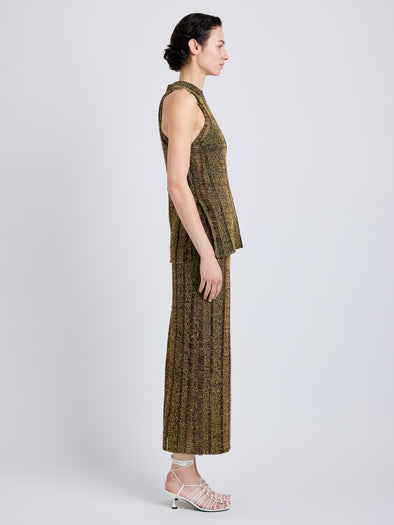 Proenza Schouler Side full length image of model wearing Maelle Top in Drop Needle Tweed in Black Multi