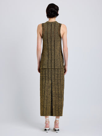 Proenza Schouler Back full length image of model wearing Maelle Top in Drop Needle Tweed in Black Multi