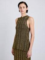 Proenza Schouler Detail image of model wearing Maelle Top in Drop Needle Tweed in Black Multi