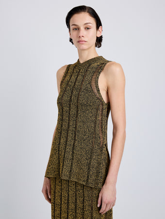 Proenza Schouler Detail image of model wearing Maelle Top in Drop Needle Tweed in Black Multi