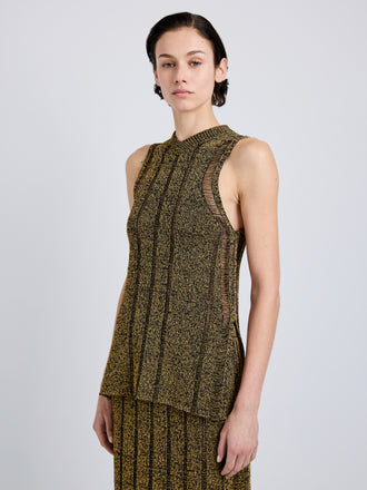 Proenza Schouler Detail image of model wearing Maelle Top in Drop Needle Tweed in Black Multi