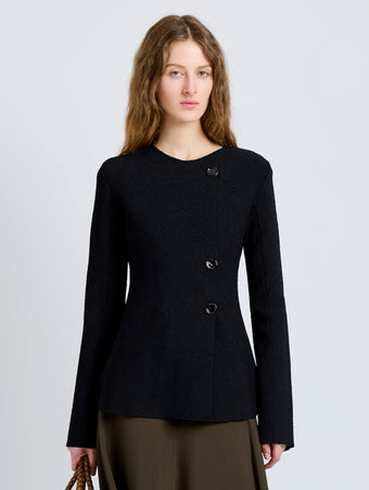 Proenza Schouler Front cropped image of model wearing Sukki Jacket in Draped Viscose in Black