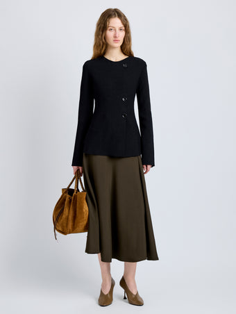 Proenza Schouler Front full length image of model wearing Sukki Jacket in Draped Viscose in Black