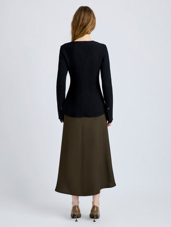 Proenza Schouler Back full length image of model wearing Sukki Jacket in Draped Viscose in Black