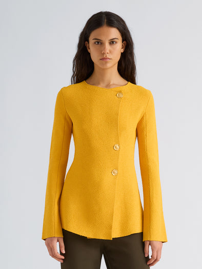Proenza Schouler Front cropped image of model wearing Sukki Jacket in Draped Viscose in Marigold
