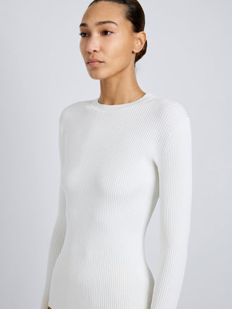 Proenza Schouler Detail image of model wearing Nir Top in Silk Viscose in White