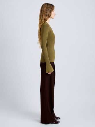 Proenza Schouler Side full length image of model wearing Nir Top in Silk Viscose in Fatigue