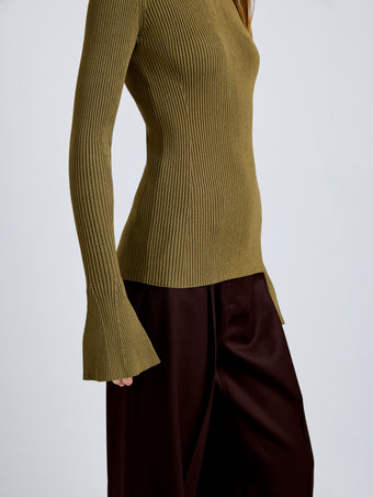 Proenza Schouler Detail image of model wearing Nir Top in Silk Viscose in Fatigue