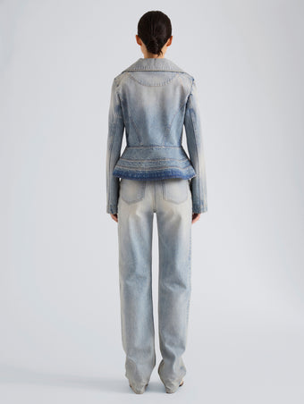 Proenza Schouler Back full length image of model wearing Tabetha Jean in Rigid Denim in Light Vintage Blue Wash