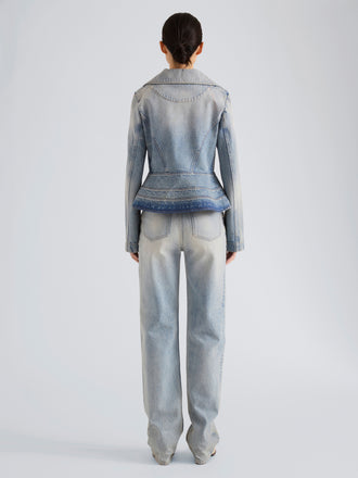Proenza Schouler Back full length image of model wearing Tabetha Jean in Rigid Denim in Light Vintage Blue Wash