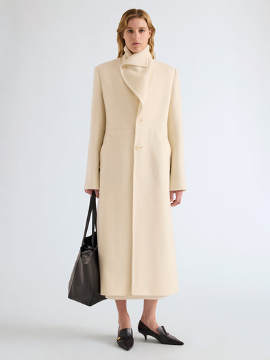 Proenza Schouler Front full length image of model wearing Alix Coat in Compact Melton Wool in Ivory