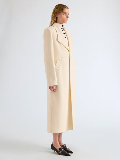 Proenza Schouler Side full length image of model wearing Alix Coat in Compact Melton Wool in Ivory
