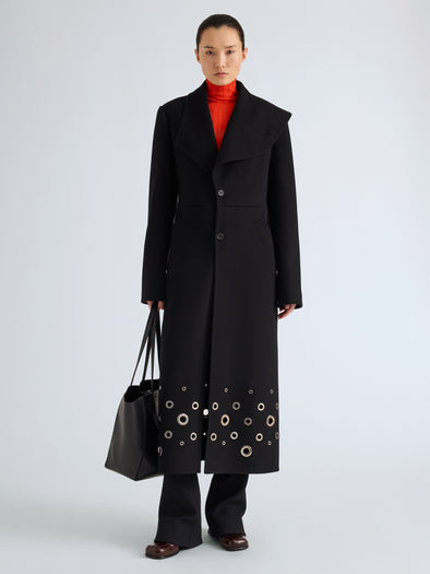 Proenza Schouler Front cropped image of model wearing Alix Coat in Compact Melton Wool in Black