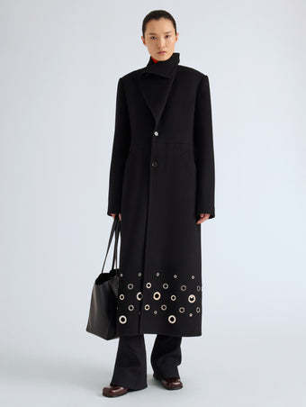 Proenza Schouler Front full length image of model wearing Alix Coat in Compact Melton Wool in Black