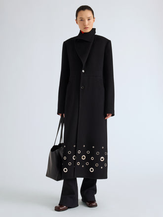 Proenza Schouler Front full length image of model wearing Alix Coat in Compact Melton Wool in Black