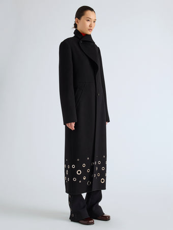 Proenza Schouler Side full length image of model wearing Alix Coat in Compact Melton Wool in Black