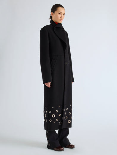 Proenza Schouler Side full length image of model wearing Alix Coat in Compact Melton Wool in Black