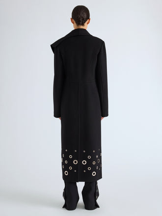 Proenza Schouler Back full length image of model wearing Alix Coat in Compact Melton Wool in Black