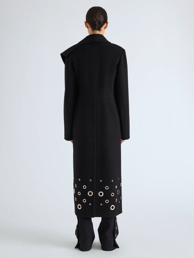 Proenza Schouler Back full length image of model wearing Alix Coat in Compact Melton Wool in Black