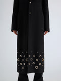 Proenza Schouler Detail image of model wearing Alix Coat in Compact Melton Wool in Black