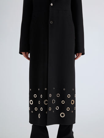 Proenza Schouler Detail image of model wearing Alix Coat in Compact Melton Wool in Black