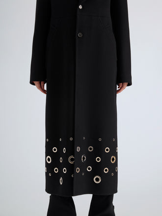 Proenza Schouler Detail image of model wearing Alix Coat in Compact Melton Wool in Black