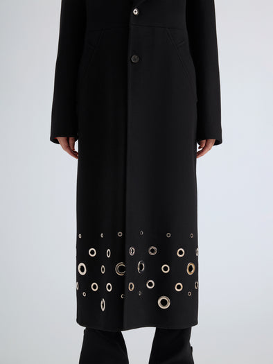Proenza Schouler Detail image of model wearing Alix Coat in Compact Melton Wool in Black