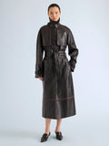 Proenza Schouler Front full length image of model wearing Kasia Coat in Burnished Leather in Amarone Black