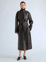 Proenza Schouler Front full length image of model wearing Kasia Coat in Burnished Leather in Amarone Black