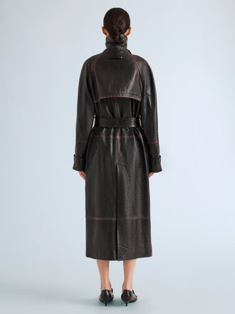 Proenza Schouler Back full length image of model wearing Kasia Coat in Burnished Leather in Amarone Black