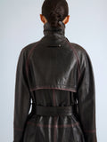 Proenza Schouler Detail image of model wearing Kasia Coat in Burnished Leather in Amarone Black