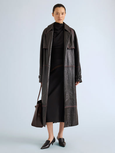 Proenza Schouler Front full length image of model wearing Laney Jacket In Semigloss Leather in Black