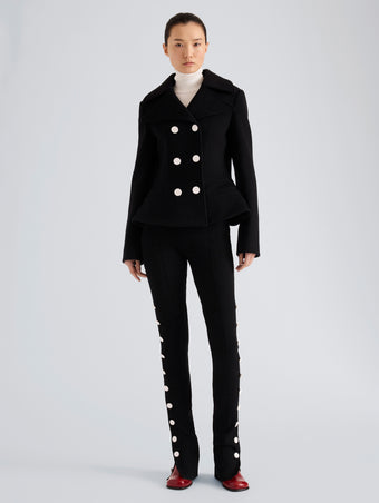 Proenza Schouler Front full length image of model wearing Romane Jacket in Compact Melton Wool in Black