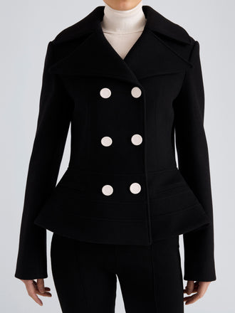Proenza Schouler Detail image of model wearing Romane Jacket in Compact Melton Wool in Black