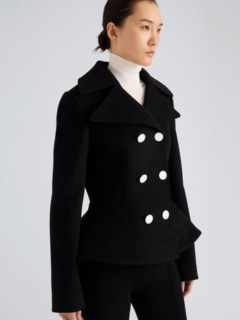 Proenza Schouler Detail image of model wearing Romane Jacket in Compact Melton Wool in Black