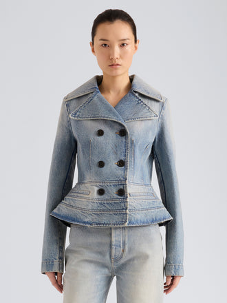 Proenza Schouler Front cropped image of model wearing Romane Jacket in Rigid Denim in Light Vintage Blue Wash