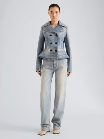 Proenza Schouler Front full length image of model wearing Romane Jacket in Rigid Denim in Light Vintage Blue Wash