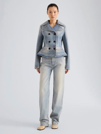Proenza Schouler Front full length image of model wearing Romane Jacket in Rigid Denim in Light Vintage Blue Wash