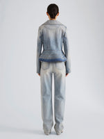 Proenza Schouler Back full length image of model wearing Romane Jacket in Rigid Denim in Light Vintage Blue Wash