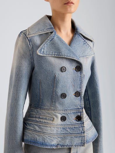 Proenza Schouler Detail image of model wearing Romane Jacket in Rigid Denim in Light Vintage Blue Wash