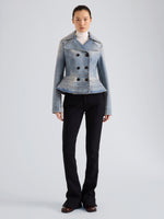 Proenza Schouler Front full length image of model wearing Romane Jacket in Rigid Denim in Light Vintage Blue Wash