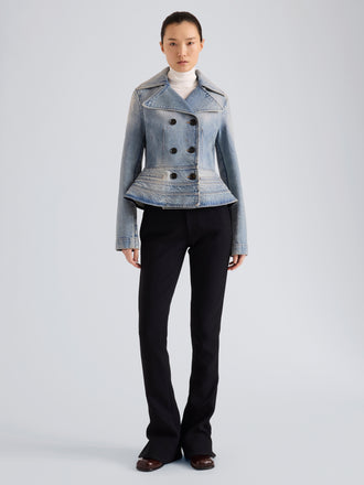Proenza Schouler Front full length image of model wearing Romane Jacket in Rigid Denim in Light Vintage Blue Wash