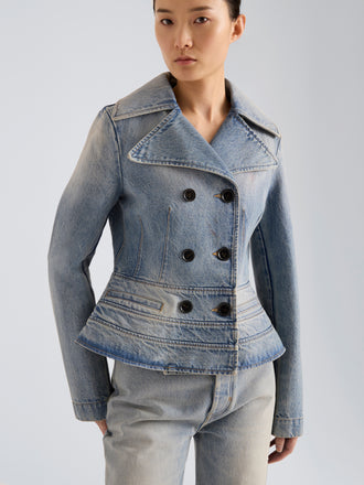 Proenza Schouler Detail image of model wearing Romane Jacket in Rigid Denim in Light Vintage Blue Wash